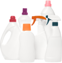 Variety of white plastic cleaning chemical bottles with colorful caps